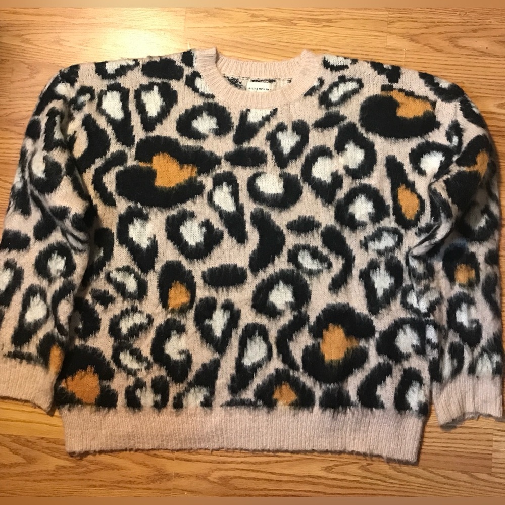 Silver Flint by Anthropologie Leopard Animal Print Sweater L Fuzzy Knit NWOT